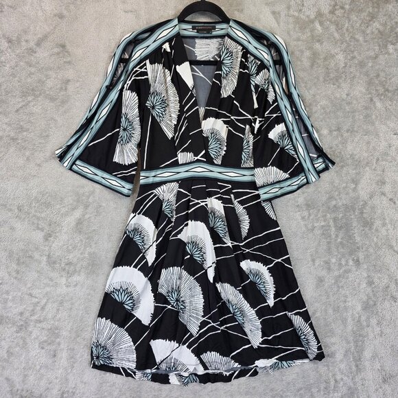 BCBGMAXAZRIA Dress Womens Small Black White Blue Fit & Flare V Neck Kimono Wrap - Picture 1 of 10